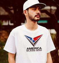 Load image into Gallery viewer, Young man in an America Bless God t shirt