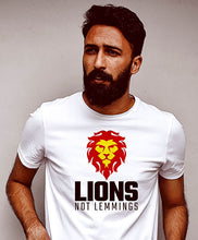 Load image into Gallery viewer, A man in a Lions Not Lemmings t shirt.