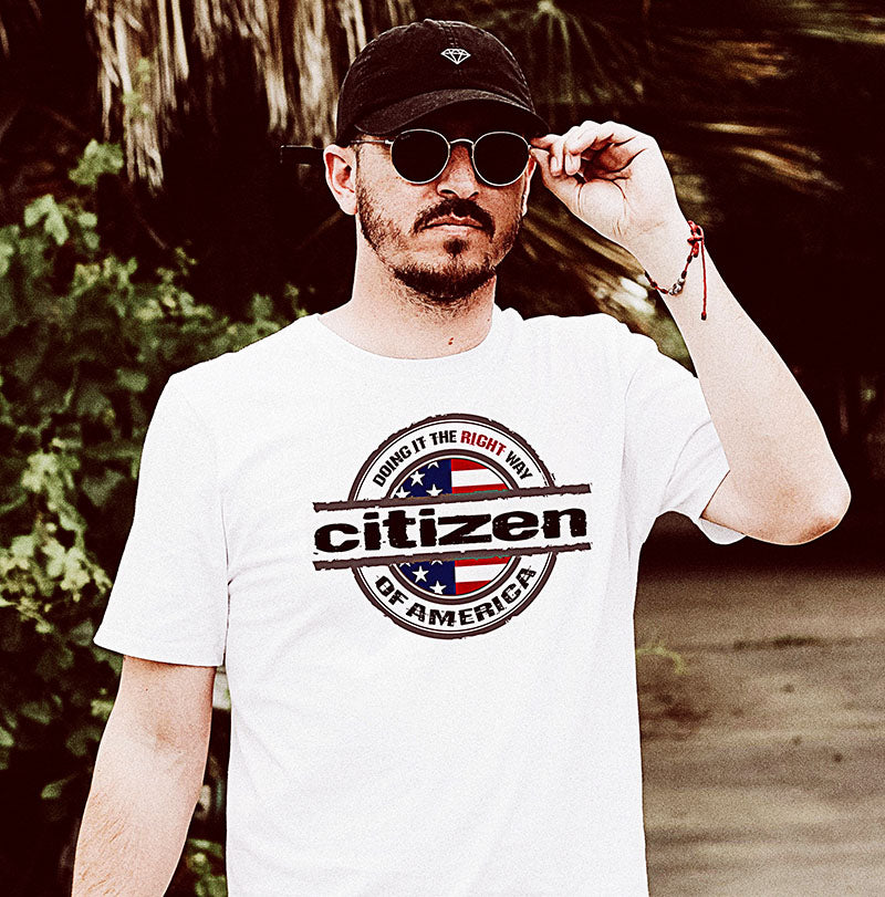 A man in a t shirt that reads Citizen of America t shirt from For Liberty Sake