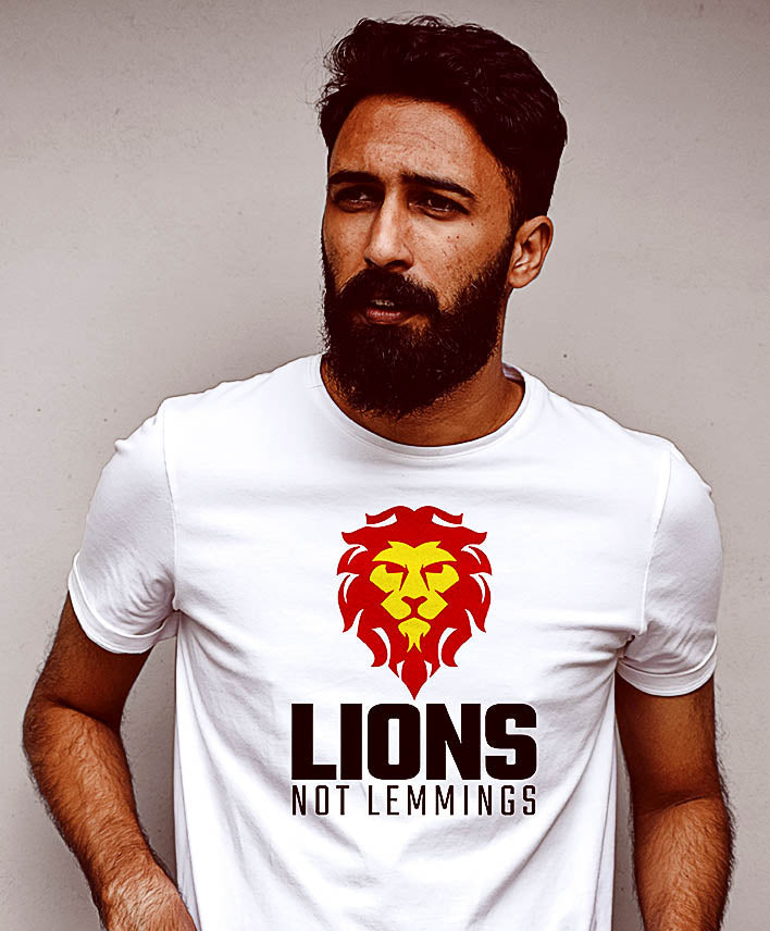 Man wearing a t shirt that says Lions Not Lemmings.