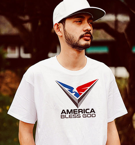 Young man in an America Bless God t shirt