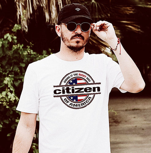 A man in a Citizen of America t shirt from For Liberty Sake