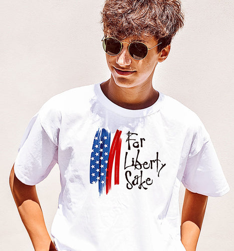 A man in a For Liberty Sake t shirt.