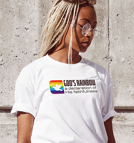 A woman in a God's Rainbow t shirt from For Liberty Sake