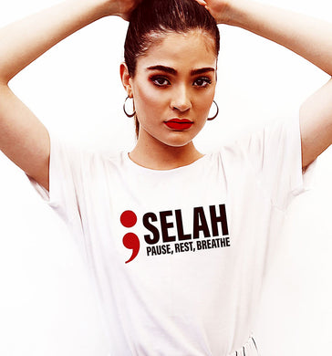 Woman with a Selah Pause, Rest, Breathe t shirt on from For Liberty Sake